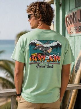 Vintage 1989 Ron Jon Surf Shop Tee Green Graphic Shark Grand Turk T Shirt